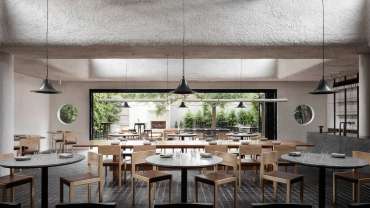 Interior and view from arkhé wine bar and restaurant in Adelaide, South Australia.