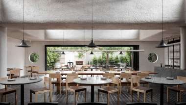 Interior and view from arkhé wine bar and restaurant in Adelaide, South Australia.