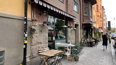 Exterior and terrace of Nektar restaurant and wine bar in Stockholm, Sweden.