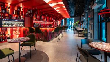 The bar and seating at Chin Chin wine bar in Tallinn, Estonia.