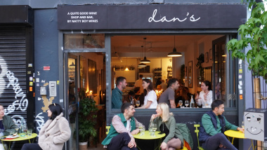 The terrace of Dan's wine bar, London, UK.