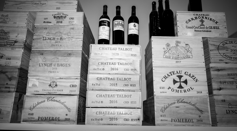 Bordeaux wine cases at Brasserie Greta, Stockholm, Sweden.