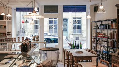 Interior of Au Bon Manger wine bar, Reims, Champagne region, France.