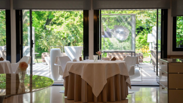 Dining room and view at L’Assiette Champenoise, Tinqueux, Champagne region, France.