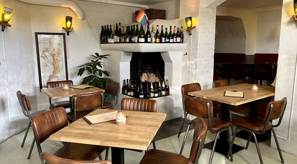 Interior of Champagnekælderen wine bar, Copenhagen, Denmark.
