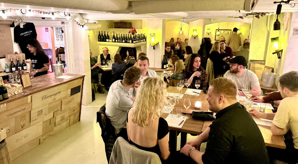 Interior of Champagnekælderen wine bar, Copenhagen, Denmark.