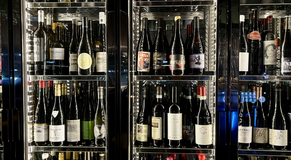 Wine fridge at Röda Huset, Stockholm, Sweden.