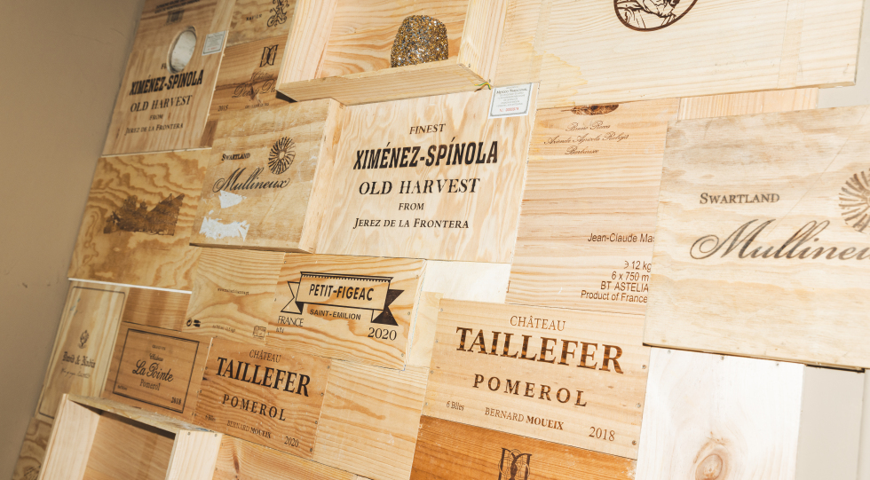 Wine case wall at Boode Foodbar, Bathmen, the Netherlands.