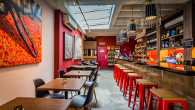 Interior of Praelum wine bar, Singapore.