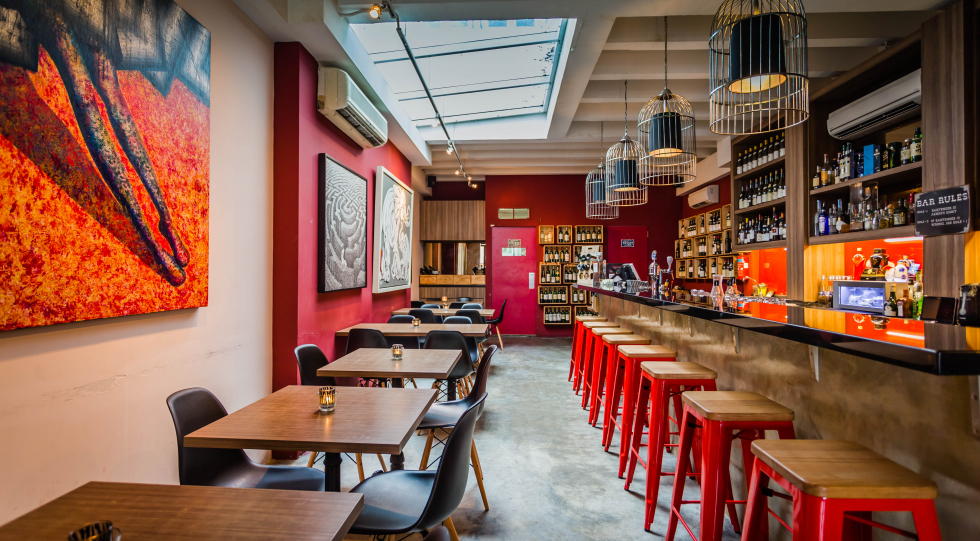 Interior of Praelum wine bar, Singapore.