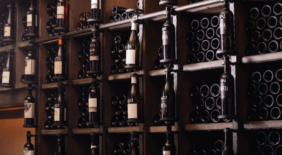 Wines on the shelves at Vinoteka Movia in Ljubljana, Slovenia.