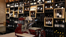 Wines on display at Polek wine bar, Maribor, Slovenia.