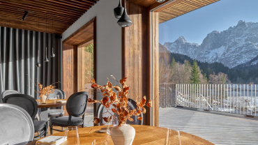 A view of the mountains from a table at Milka restaurant in Kranjska Gora, Slovenia.