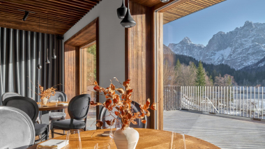 A view of the mountains from a table at Milka restaurant in Kranjska Gora, Slovenia.