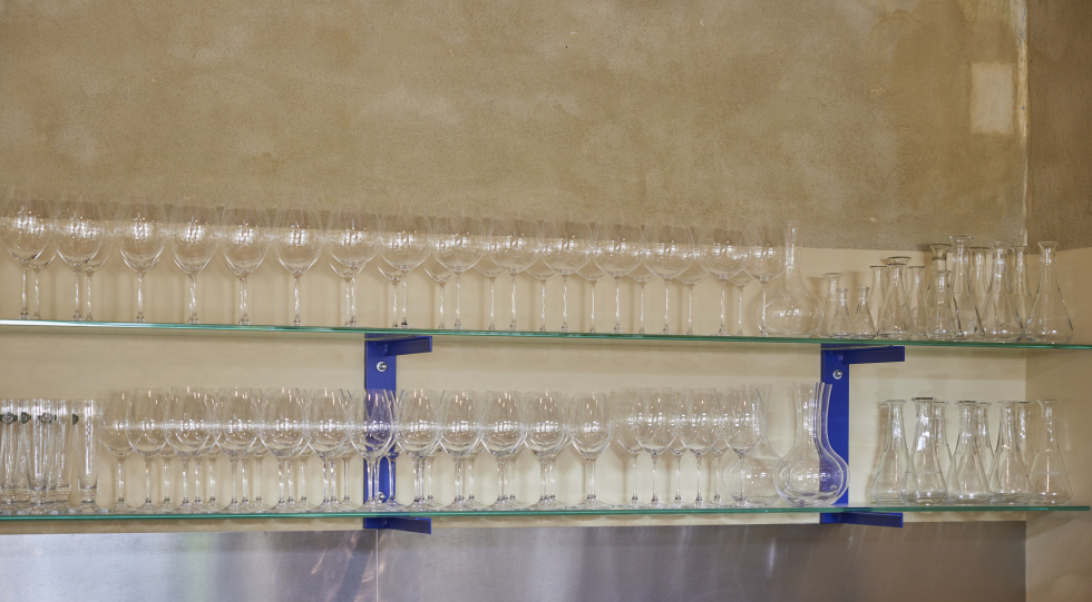 Glass shelves at Café Azzurro, Vienna, Austria.