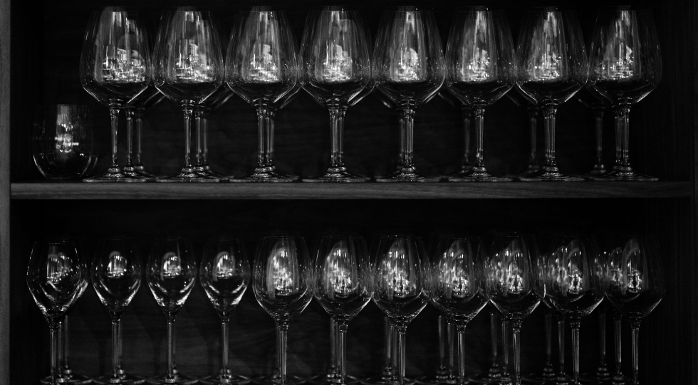 Wine glasses at restaurant K2, Oslo, Norway.