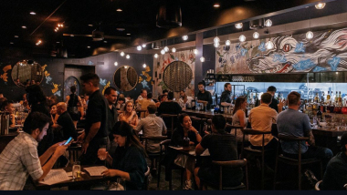 A full bar area at Sparrow + Wolf wine bar in Las Vegas, USA.