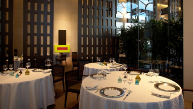 Dining tables at Guy Savoy restaurant in Caesars Palace, Las Vegas, USA.