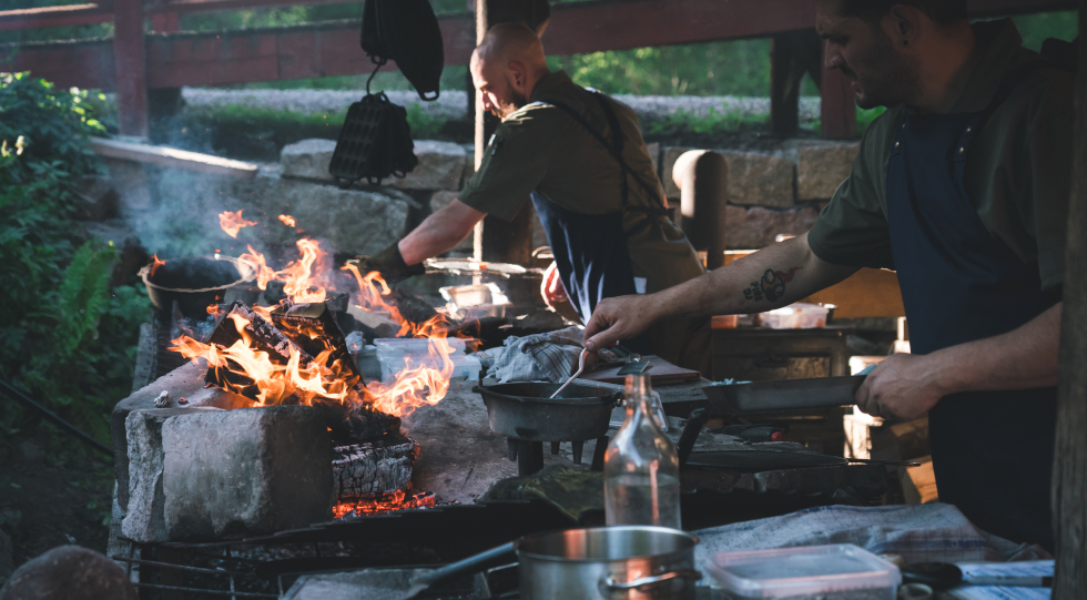 Cooking at Michelin-starred Knystaforsen restaurant, Rydöbruk, Sweden.