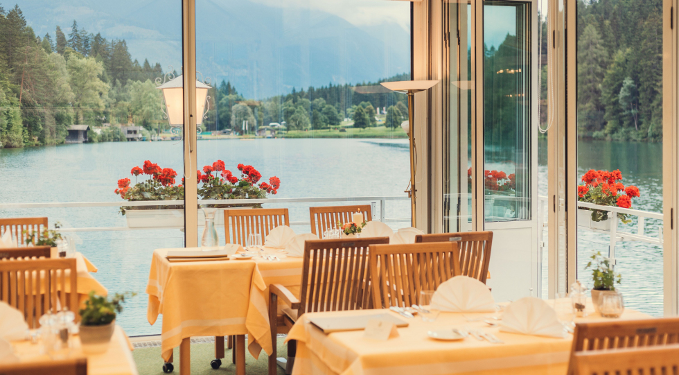 Terrace view at Parkhotel Tristachersee, Amlach bei Lienz, Austria.