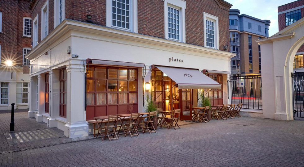 Exterior of Plates London restaurant, London, UK.