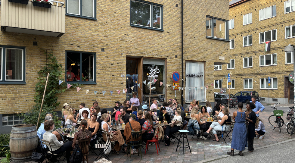 Outdoor seating at wine bar Flax, Malmö, Sweden.