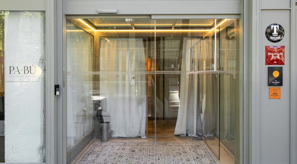 Entrance of restaurant Pabú, Madrid, Spain.