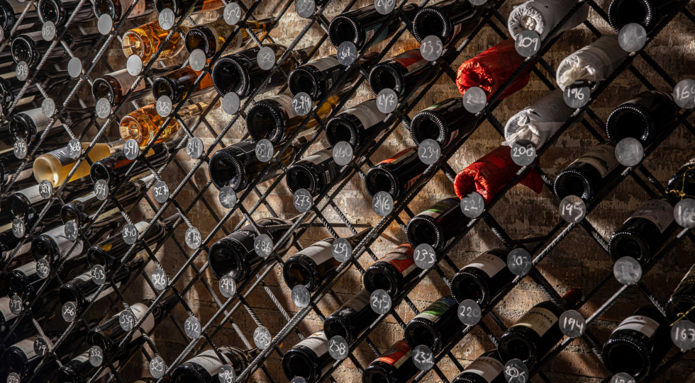 Wine rack at restaurant Pabú, Madrid, Spain.