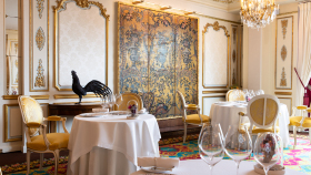 Interior of restaurant Le Chantecler, Nice, France.
