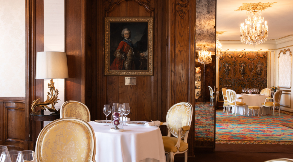 Interior of restaurant Le Chantecler, Nice, France.