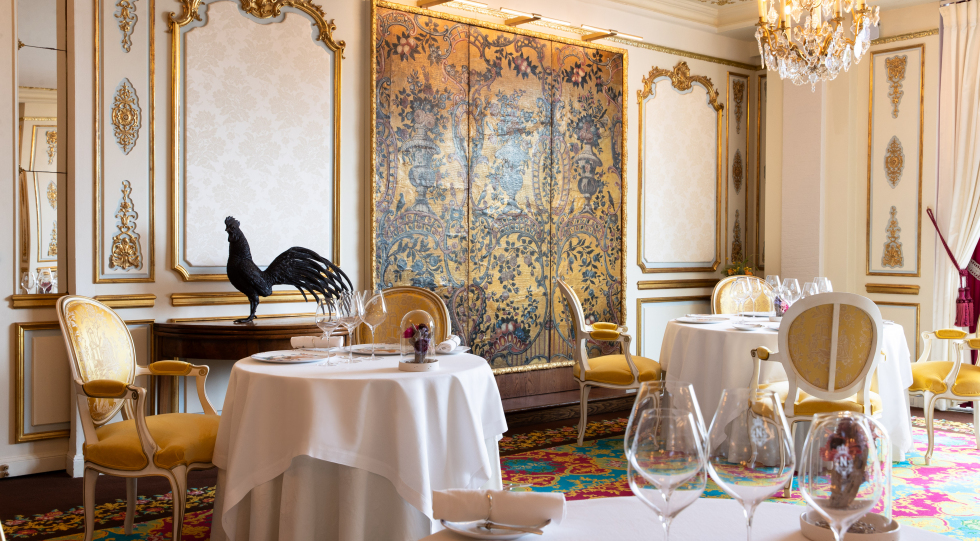 Interior of restaurant Le Chantecler, Nice, France.