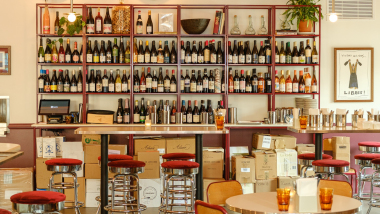 Wine shelves at Familiar Creature, Saratoga Springs, USA