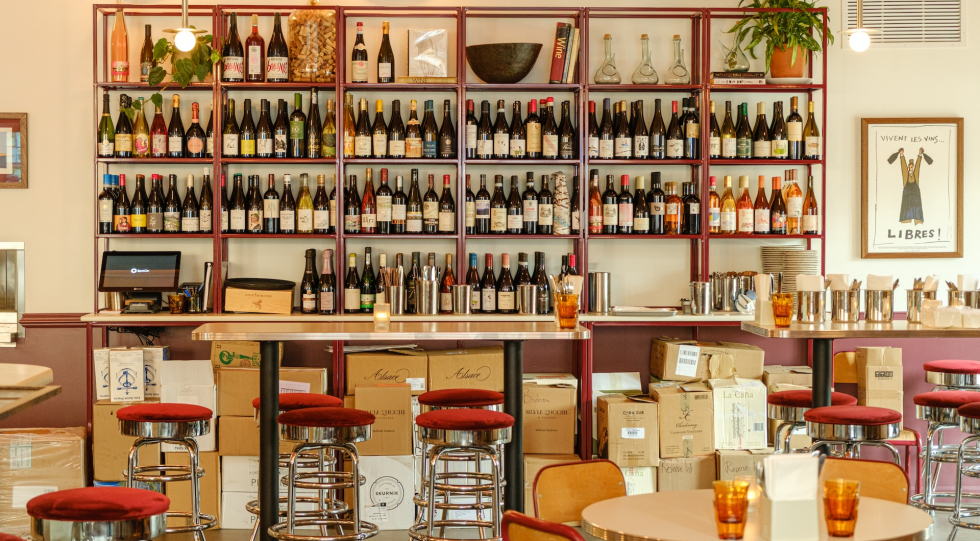 Wine shelves at Familiar Creature, Saratoga Springs, USA
