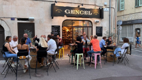Outdoor seating at Gencel Cave & Bar à Vins, Cannes, France.