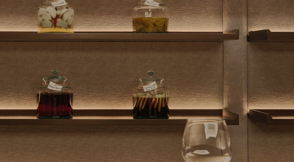Shelves at restaurant Juksunchae, Bangkok, Thailand.