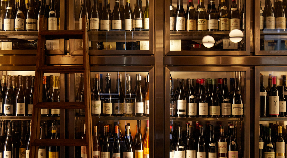 Wine fridge at Pompa, Barcelona, Spain.