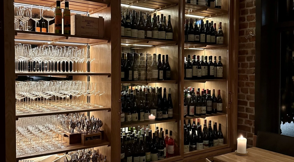 Wine bottles at B vin restaurant, Oslo, Norway.