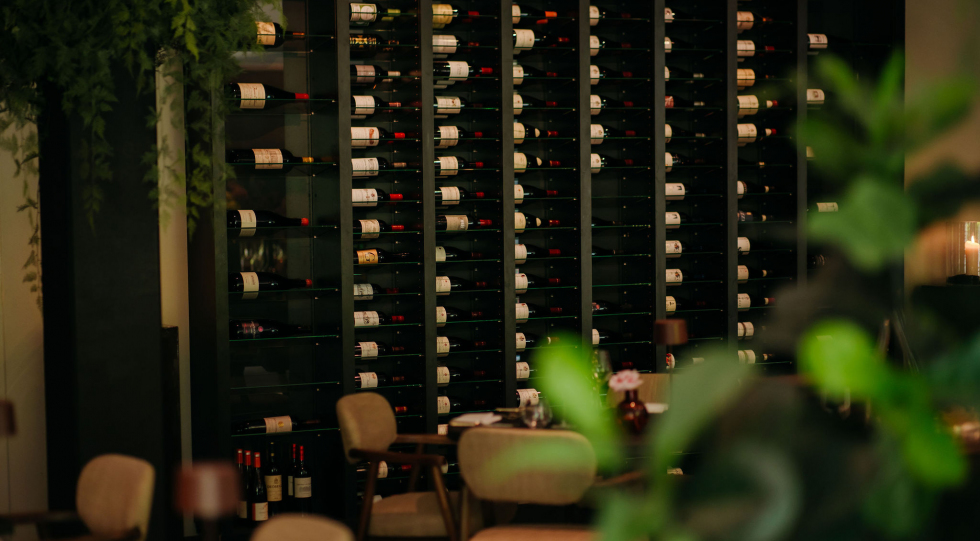 Wineshelf at Grand Bistro at de Echoput hotel, Hoog Soeren, Netherlands.