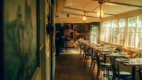 Garden room of the Pheasant, Dennis, USA at golden hour.