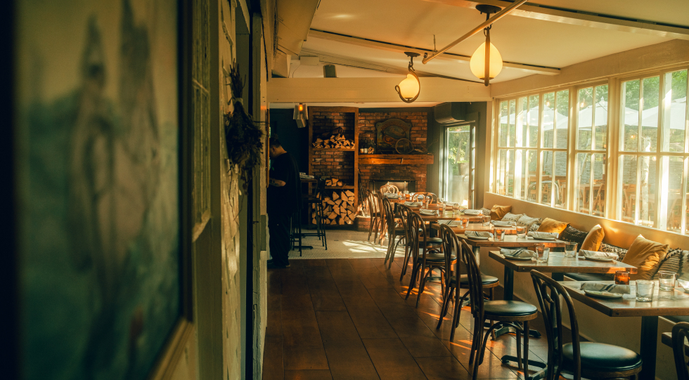 Garden room of the Pheasant, Dennis, USA at golden hour.