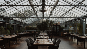 Interior at restaurant de Kas, Amsterdam, Netherlands.