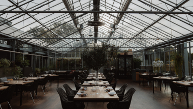 Interior at restaurant de Kas, Amsterdam, Netherlands.