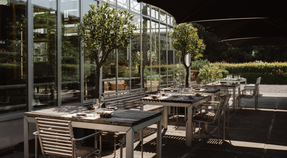 Terrace at restaurant de Kas, Amsterdam, Netherlands.