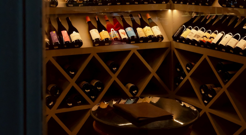 Wine cabinet at restaurant Verlan, Bangkok, Thailand.