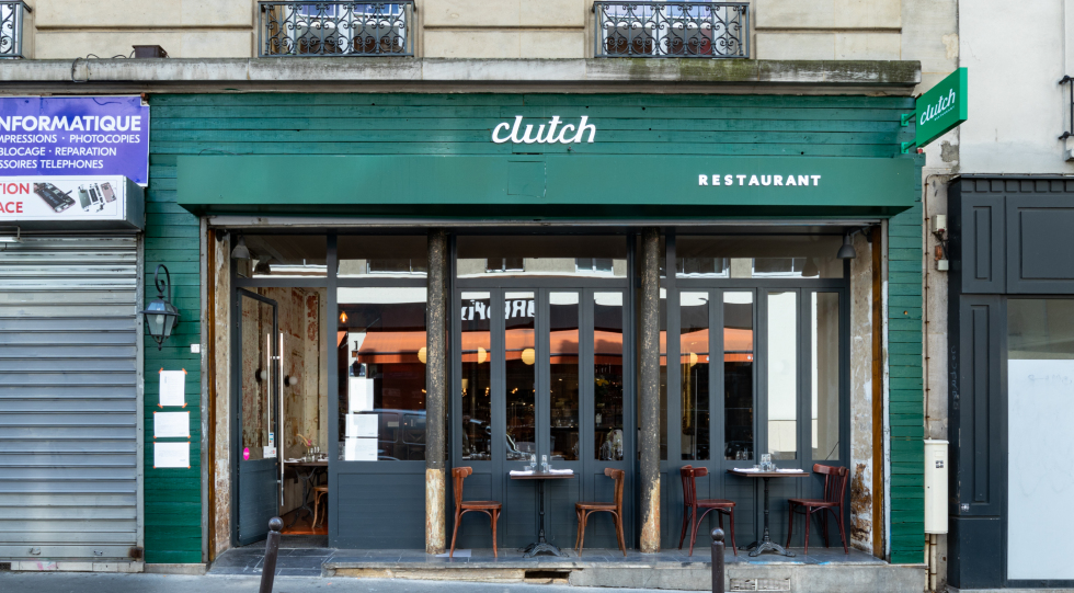Exterior of Clutch Wine Bar, Paris, France.