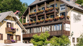 Exterior of Post am See, hotel and restaurant in Traunsee, Austria.