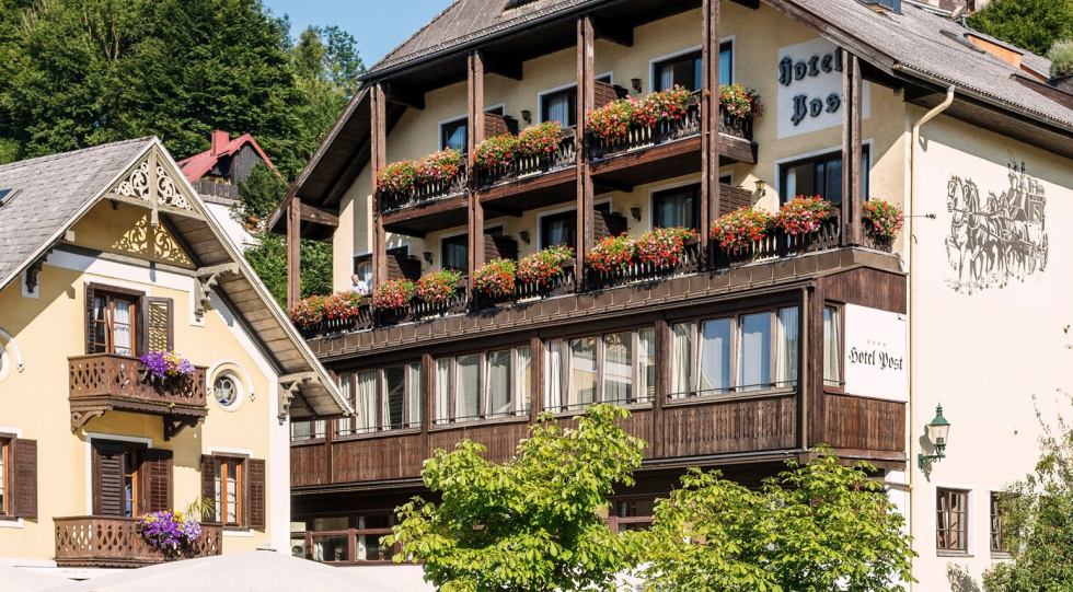 Exterior of Post am See, hotel and restaurant in Traunsee, Austria.