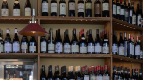 Wine shelves at wine bar Lenoteket, Lund.