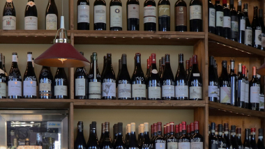 Wine shelves at wine bar Lenoteket, Lund.