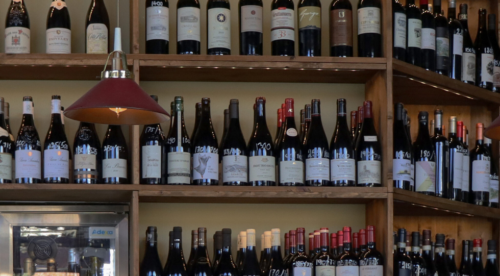 Wine shelves at wine bar Lenoteket, Lund.